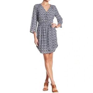 DR2 by Daniel Rainn Belted Shirt Dress Large Blue Print Surplice Mini Pockets L